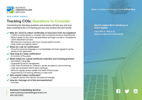 BCS Cheat Sheet Tracking COIs Questions to Consider Cover