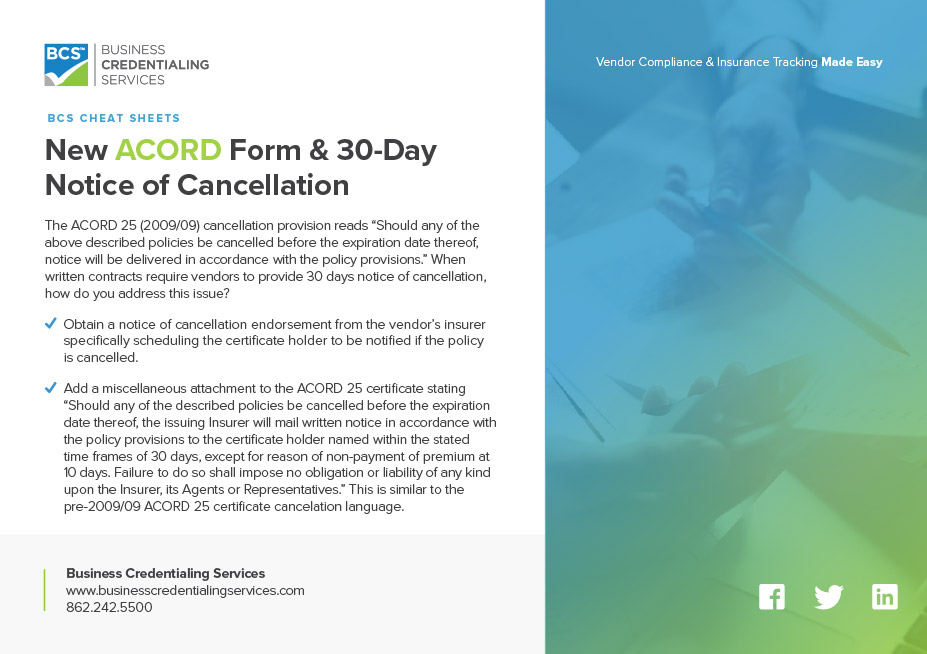 New ACORD Form & 30-Day Notice of Cancellation Cheat Sheet